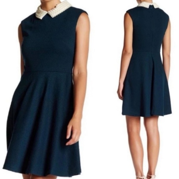 Betsy Johnson Retro Black Fit & Flare Sleeveless Dress with Pearl Collar, Size 6 - Picture 1 of 16